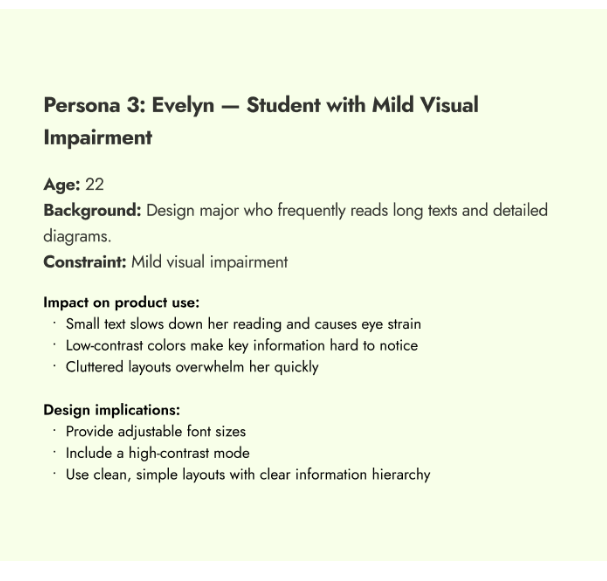 This is the persona I presented in the group presentation. It is a person with mild visual impairment.