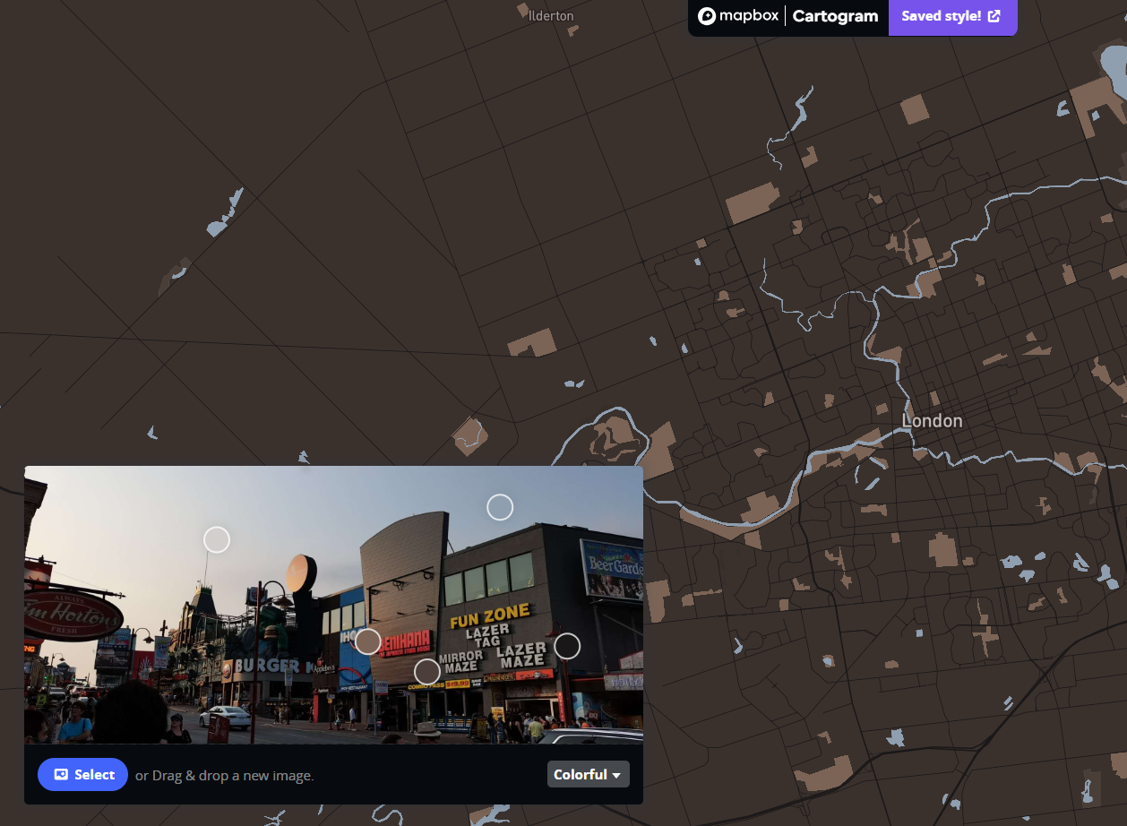 This is the result of me importing the photos into the Cartogram Mapbox. The color of the Mapbox changes along with the color of the photos I import.