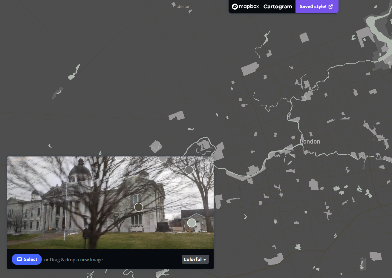 This is the result of me importing the photos into the Cartogram Mapbox. The color of the Mapbox changes along with the color of the photos I import.