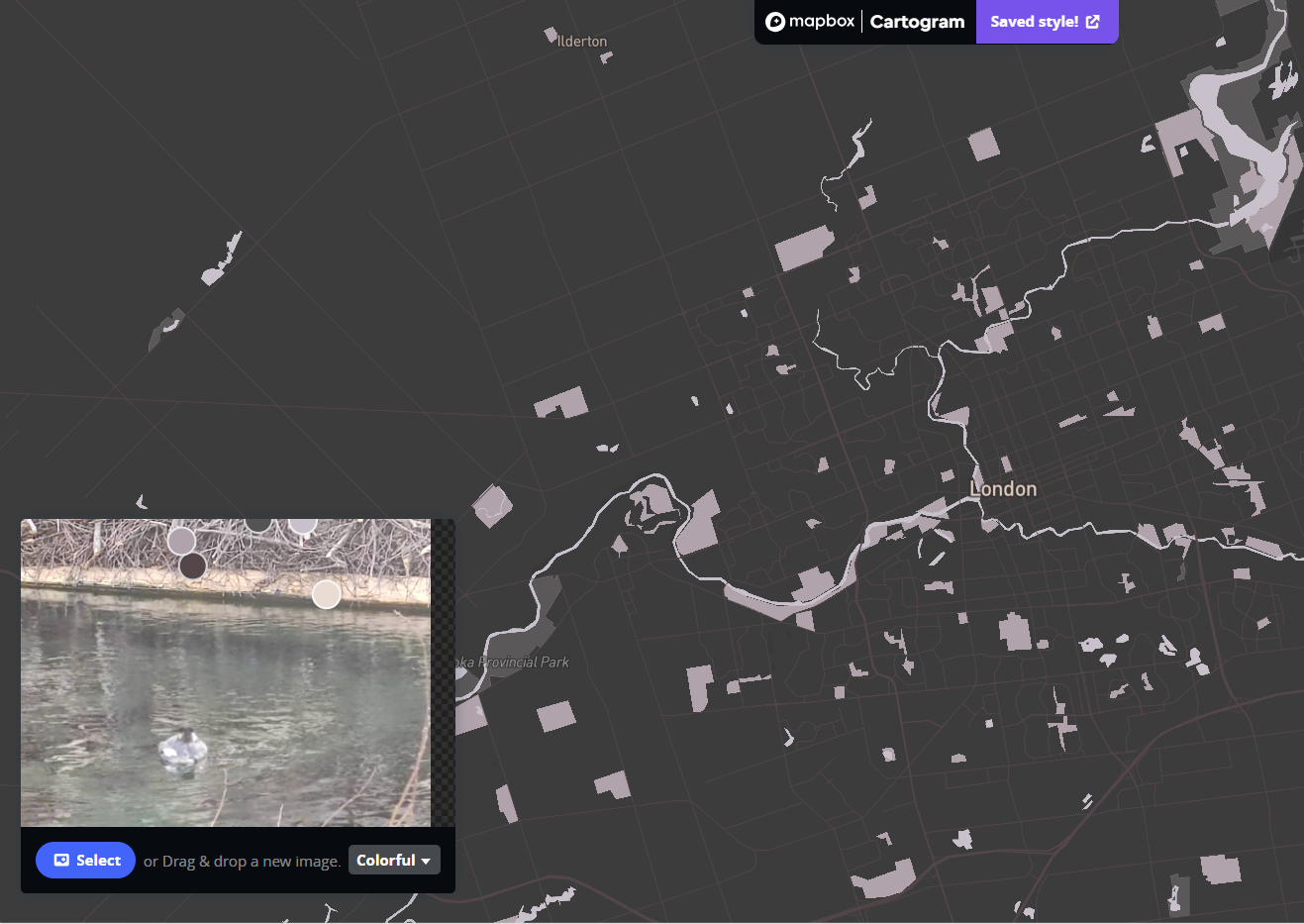 This is the result of me importing the photos into the Cartogram Mapbox. The color of the Mapbox changes along with the color of the photos I import.